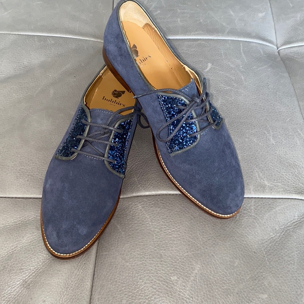 COPY - Anthropologie Bobbies Paris La Romancière blue oxfords glitter accent si…